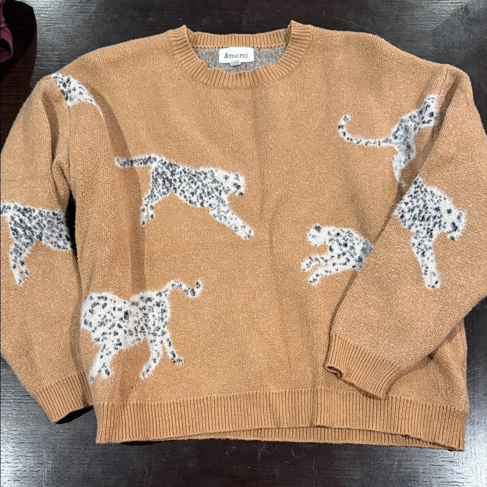 Merci Brown Tan Sweater with Leopard Design small women’s top long sleeve - Picture 7 of 7